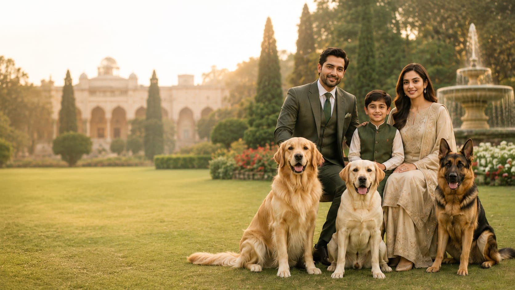 A family enjoying time outdoors with their dogs